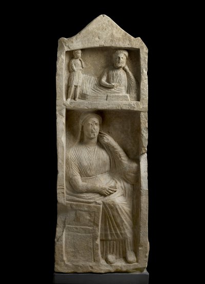 Kalksteingrabstele, Relief eines bärtigen Banketts mit Jungen und einer sitzenden Frau, ca. 325-30 v. Chr. von Cypriot